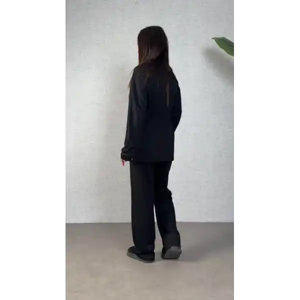 Kadın Uzun Kollu Bisiklet Yaka Belden Büzgülü Bağcıklı Viskon Iki Iplik Bluz Ve Pantolon Ikili Takım