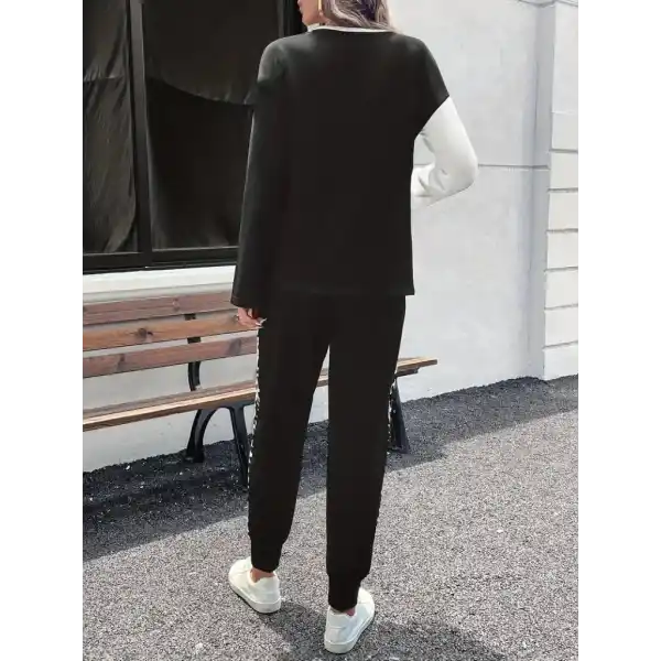 Kadın Uzun Kollu Bisiklet Yaka çift Renkli Viskon Iki Iplik Bluz Ve Pantolon Ikili Takım