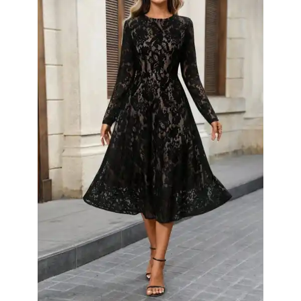 Kadın Uzun Kollu Bisiklet Yaka Dantelli Astarlı Midi Elbise