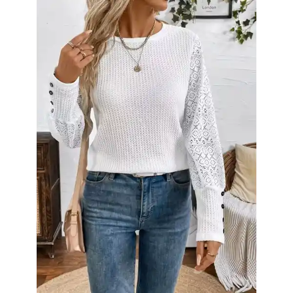 Kadın Uzun Kollu Bisiklet Yaka Kolları Tüllü Waffle Bluz