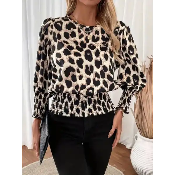 Kadın Uzun Kollu Bisiklet Yaka Leopar Desenli Modal Bluz