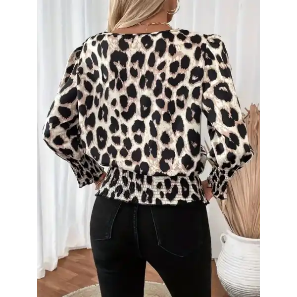 Kadın Uzun Kollu Bisiklet Yaka Leopar Desenli Modal Bluz
