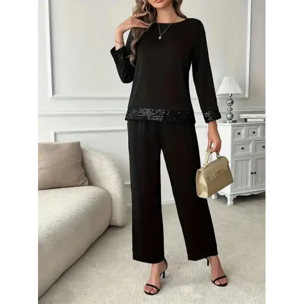 Kadın Uzun Kollu Bisiklet Yaka Pulpayetli Viskon Iki Iplik Bluz Ve Pantolon Ikili Takım