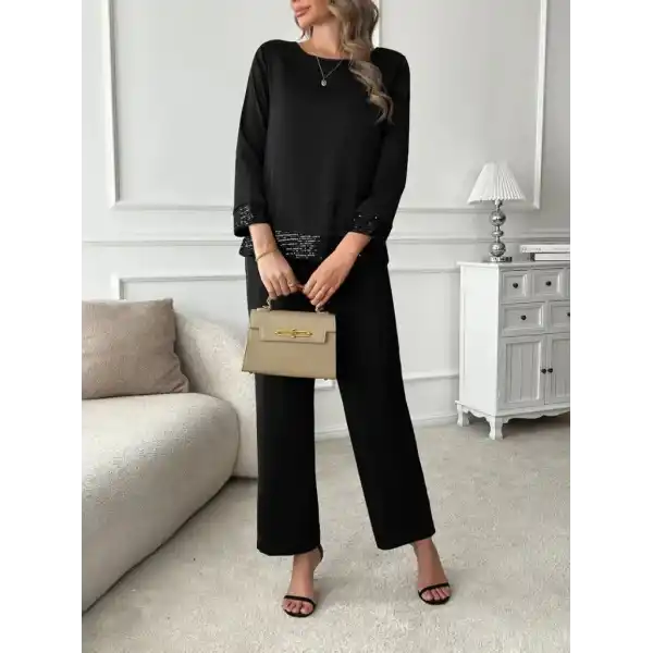 Kadın Uzun Kollu Bisiklet Yaka Pulpayetli Viskon Iki Iplik Bluz Ve Pantolon Ikili Takım