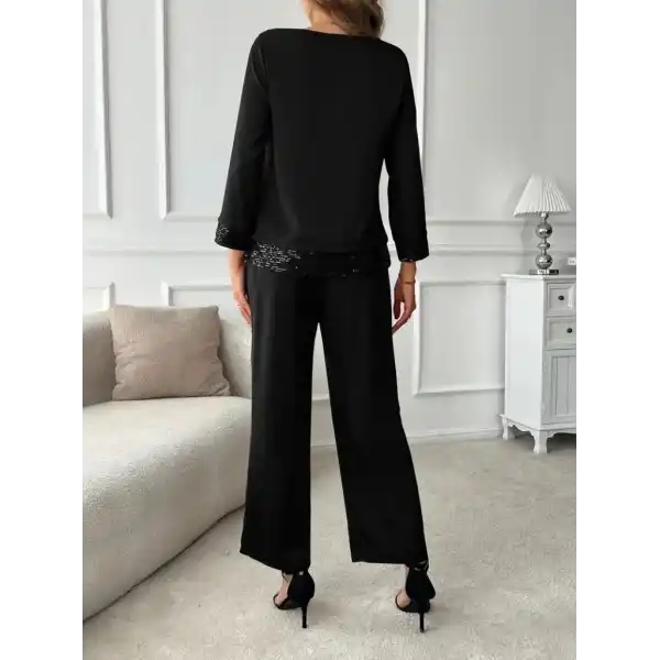 Kadın Uzun Kollu Bisiklet Yaka Pulpayetli Viskon Iki Iplik Bluz Ve Pantolon Ikili Takım