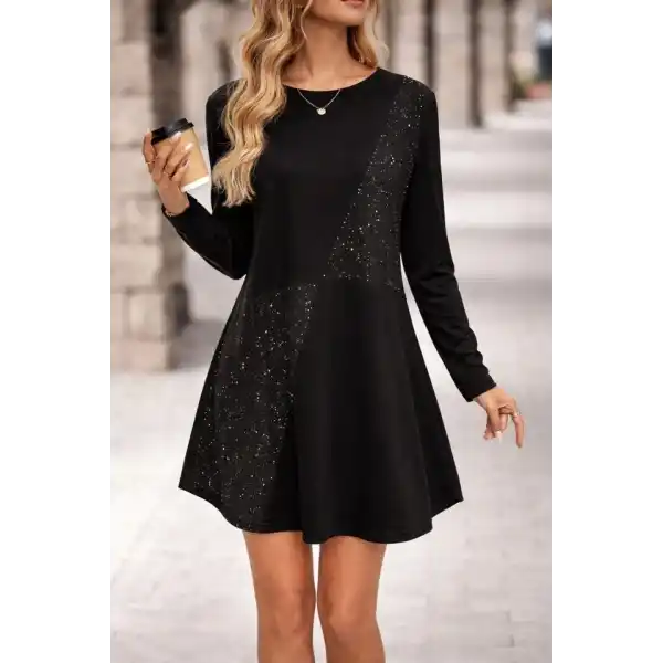 Kadın Uzun Kollu Bisiklet Yaka Taş Detay Mini Elbise