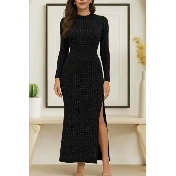 Kadın Uzun Kollu Bisiklet Yaka Taşlı Midi Kadife Elbise