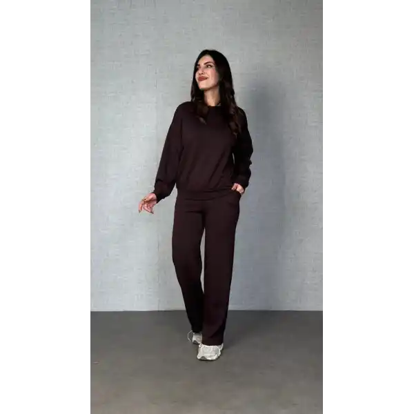 Kadın Uzun Kollu Bisiklet Yaka Viskon Iki Iplik Bluz Ve Pantolon Ikili Takım