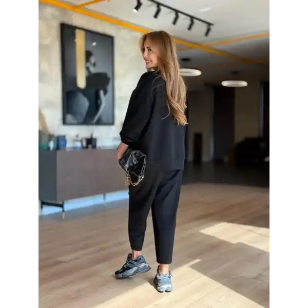 Kadın Uzun Kollu Bisiklet Yaka Viskon Iki Iplik Bluz Ve Pantolon Ikili Takım