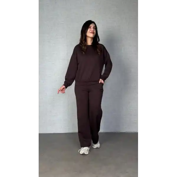 Kadın Uzun Kollu Bisiklet Yaka Viskon Iki Iplik Bluz Ve Pantolon Ikili Takım