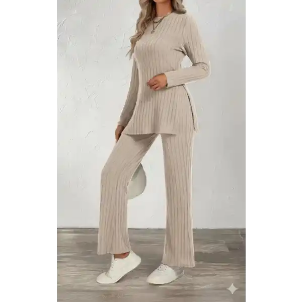 Kadın Uzun Kollu Bisiklet Yaka Yandan Yırtmaçlı şardonlu Kaşkorse Bluz Ve Pantolon Ikili Takım