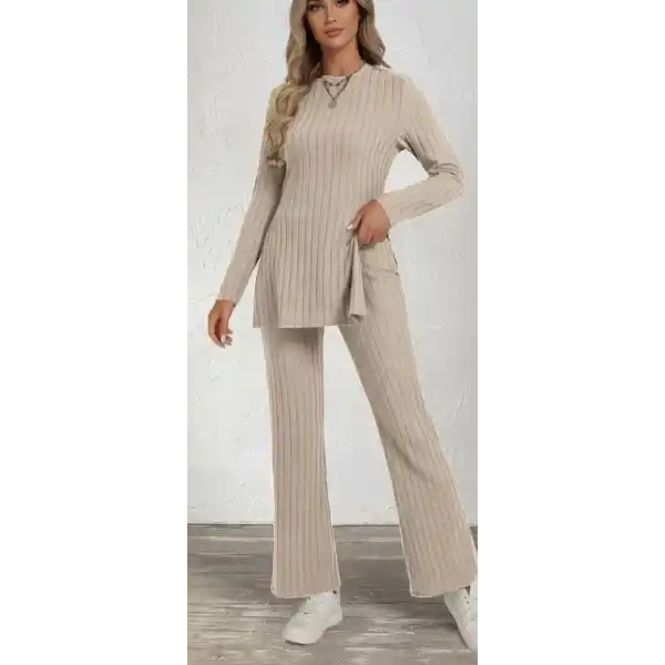 Kadın Uzun Kollu Bisiklet Yaka Yandan Yırtmaçlı şardonlu Kaşkorse Bluz Ve Pantolon Ikili Takım