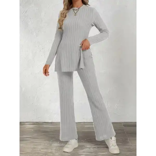 Kadın Uzun Kollu Bisiklet Yaka Yandan Yırtmaçlı şardonlu Kaşkorse Bluz Ve Pantolon Ikili Takım