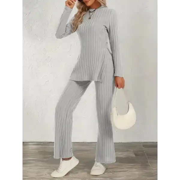 Kadın Uzun Kollu Bisiklet Yaka Yandan Yırtmaçlı şardonlu Kaşkorse Bluz Ve Pantolon Ikili Takım