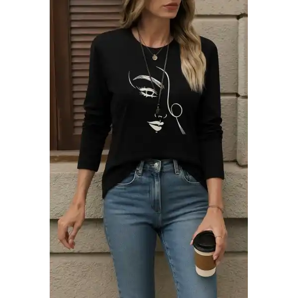 Kadın Uzun Kollu Bisiklet Yaka Yüz Desenli Viskon Bluz