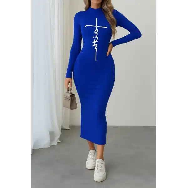 Kadın Uzun Kollu Boğazlı Baskı Detaylı Viskon Tam Boy Elbise