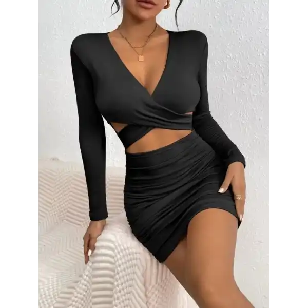 Kadın Uzun Kollu çapraz Dekolte Detaylı Mini Sandy Elbise