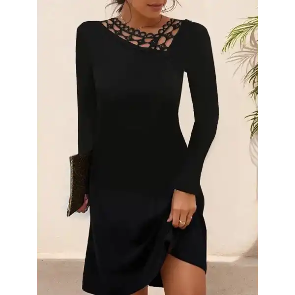 Kadın Uzun Kollu Dantel Yaka Ithal Krep Mini Elbise