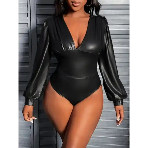 Kadın Uzun Kollu Derin V Yakalı Deri Zıbın