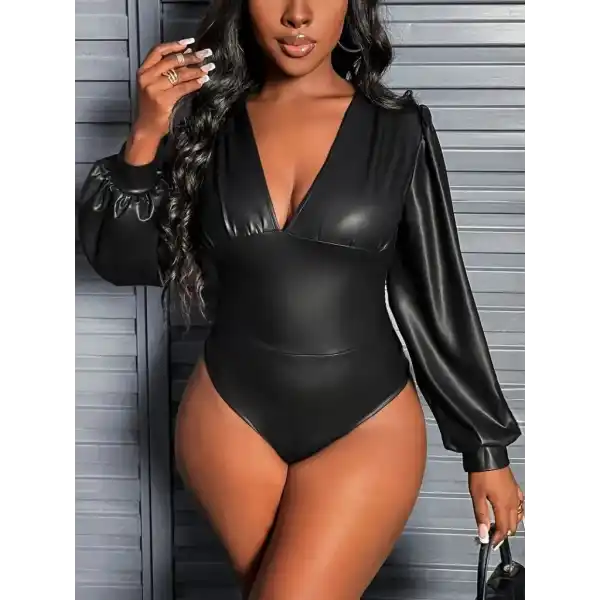 Kadın Uzun Kollu Derin V Yakalı Deri Zıbın