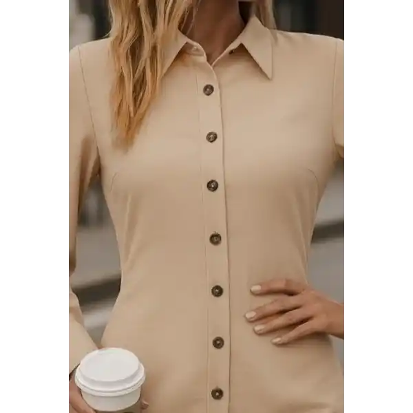 Kadın Uzun Kollu Gömlek Yaka önden Düğmeli Yanlardan Büzgülü Kısa Aerobin Elbise