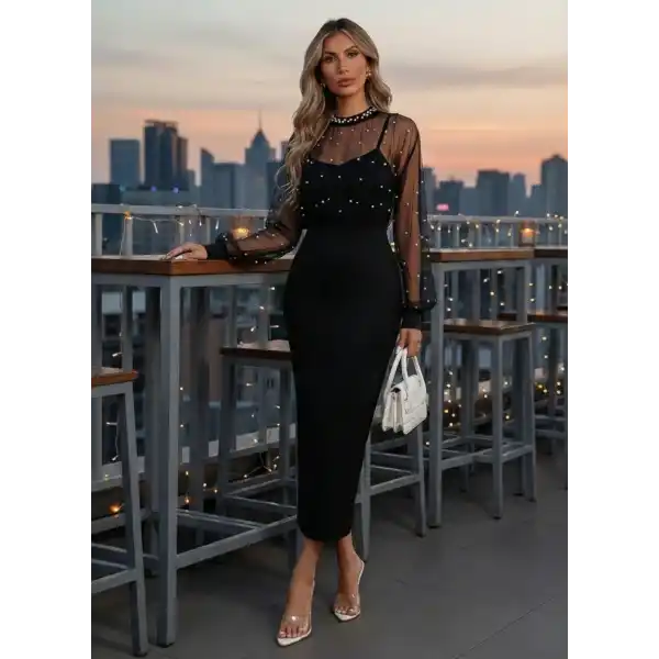 Kadın Uzun Kollu Halka Yaka Tül Inci Detaylı Uzun Ithal Krep Elbise