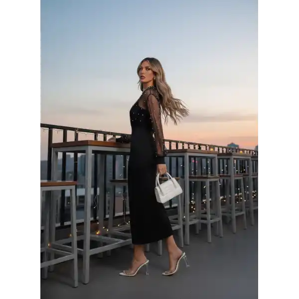 Kadın Uzun Kollu Halka Yaka Tül Inci Detaylı Uzun Ithal Krep Elbise