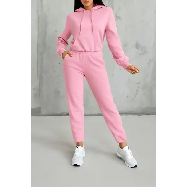 Kadın Uzun Kollu Kapşonlu Bağcıklı üç Iplik Bluz Ve Pantolon Ikili Takım