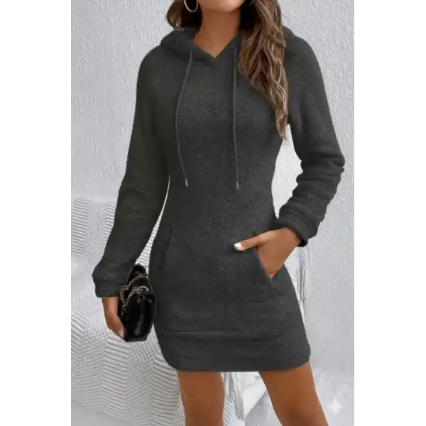 Kadın Uzun Kollu Kapşonlu Cepli Mini Peluş Elbise