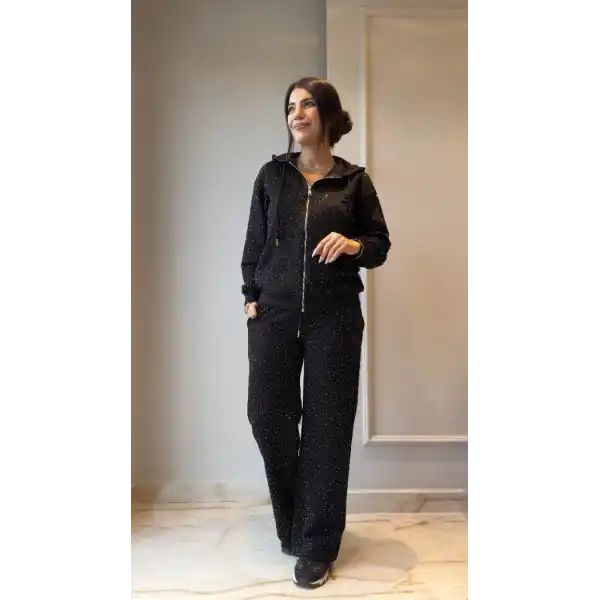 Kadın Uzun Kollu Kapşonlu Fermuarlı Taşlı önü Fermuarlı Viskon Iki Iplik Bluz Ve Eşofman Altı Ikili Takım