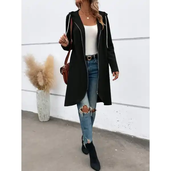 Kadın Uzun Kollu Kapşonlu önden Fermuarlı Midi Dalgıç Ceket