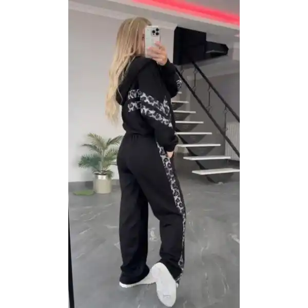 Kadın Uzun Kollu Kapşonlu önü Fermuarlı Leopar Desenli Modal Bluz Ve Pantolon Ikili Takım