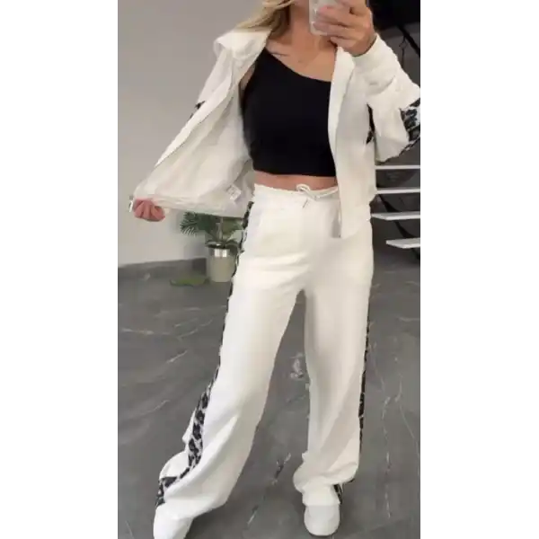 Kadın Uzun Kollu Kapşonlu önü Fermuarlı Leopar Desenli Modal Bluz Ve Pantolon Ikili Takım