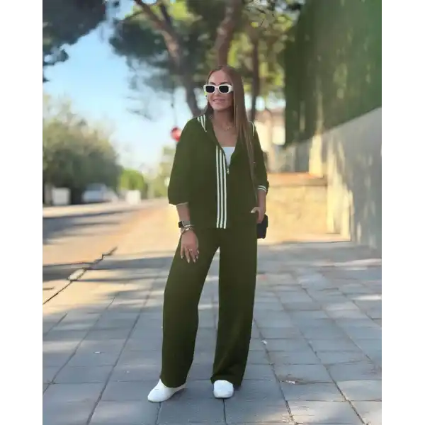 Kadın Uzun Kollu Kapşonlu Onu şerit Detaylı Fermuarlı Viskon Iki Iplik Bluz Ve Pantolon Ikili Takım