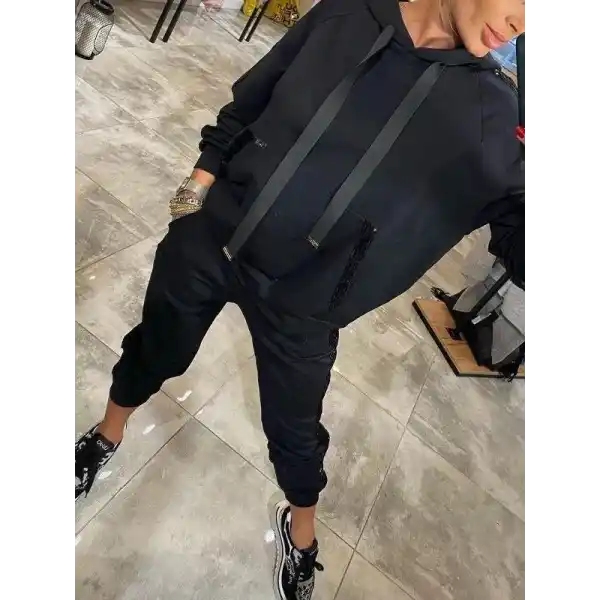 Kadın Uzun Kollu Kapşonlu Pulpayet Detay Viskon Iki Iplik Bluz Ve Pantolon Ikili Takım