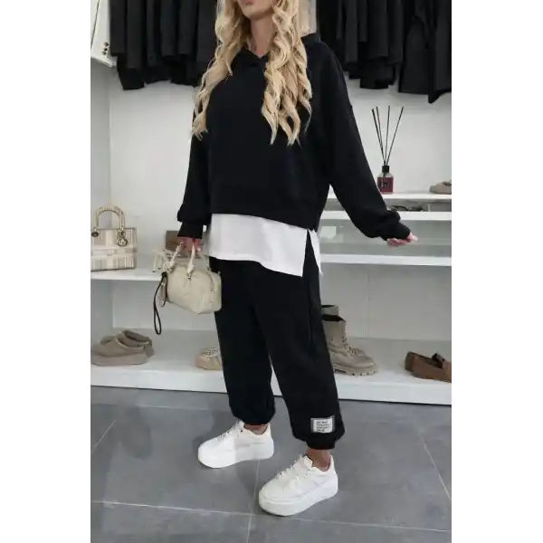 Kadın Uzun Kollu Kapşonlu Viskon Iki Iplik Bluz Ve Pantolon Ikili Takım