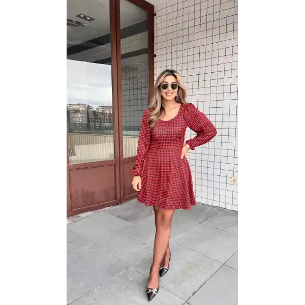 Kadın Uzun Kollu Kare Kalp Yakalı Mini Modal Elbise