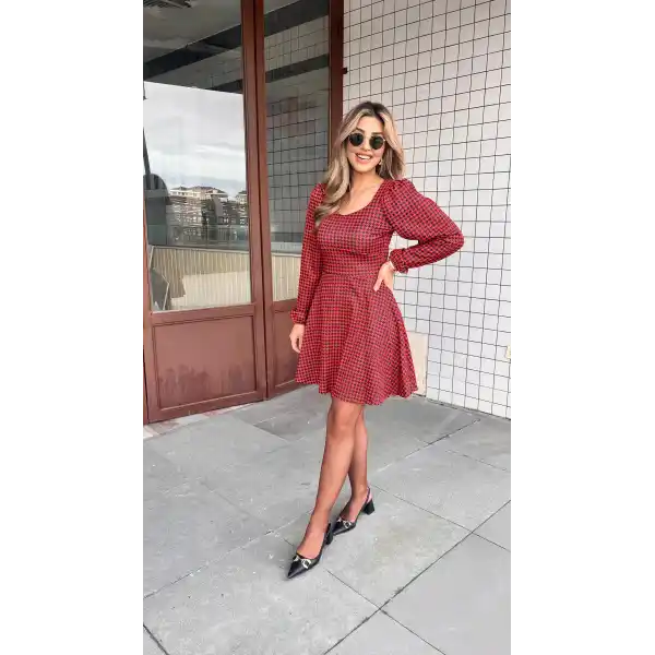 Kadın Uzun Kollu Kare Kalp Yakalı Mini Modal Elbise