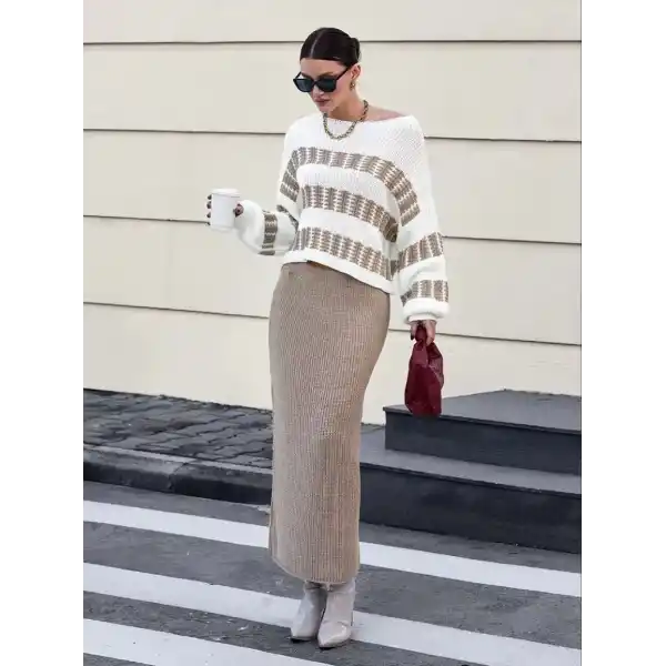 Kadın Uzun Kollu Kayık Yakalı Salaş Triko Bluz Ve Etek Ikili Takım