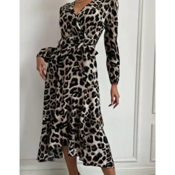 Kadın Uzun Kollu Kruvaze Yaka Yandan Bağlamalı önden Fırfır Detaylı Süprem Uzun Elbise