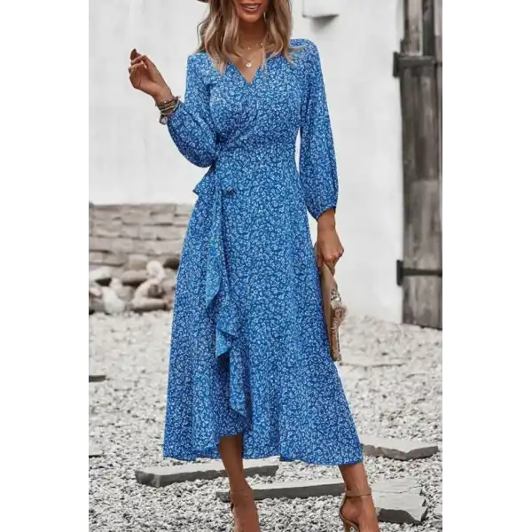 Kadın Uzun Kollu Kruvaze Yaka Yandan Bağlamalı önden Fırfır Detaylı Süprem Uzun Elbise