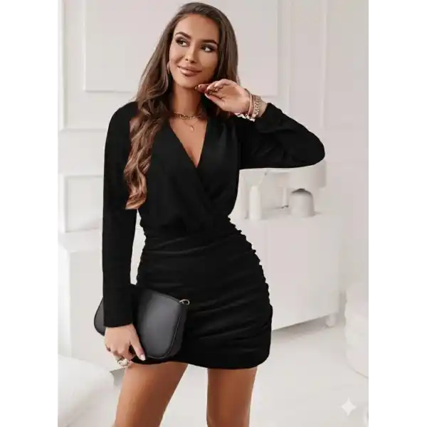 Kadın Uzun Kollu Kruvaze Yaka Yandan Büzgülü Mini Ithal Krep Elbise