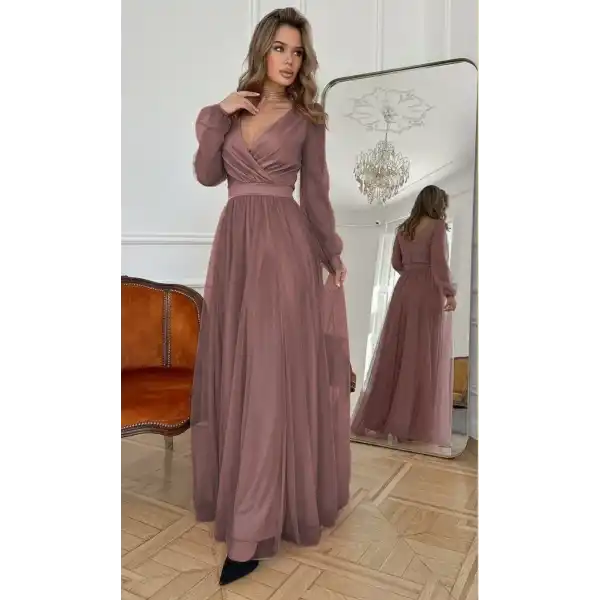 Kadın Uzun Kollu Kruvaze Yakalı Belden Kuşaklı Tüllü Uzun Ithal Krep Elbise