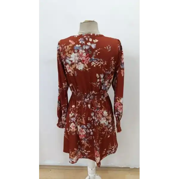 Kadın Uzun Kollu Kruvaze Yakalı çiçek Desenli Mini Süprem Elbise