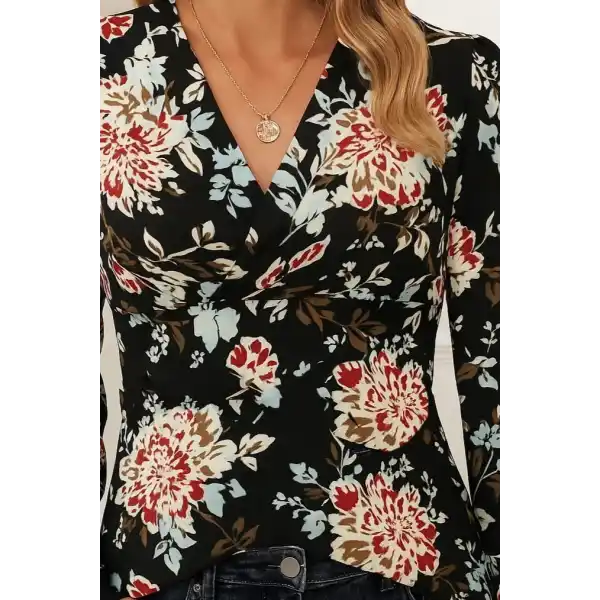 Kadın Uzun Kollu Kruvaze Yakalı Kelebek Desenli şardonlu Dalgıç Bluz
