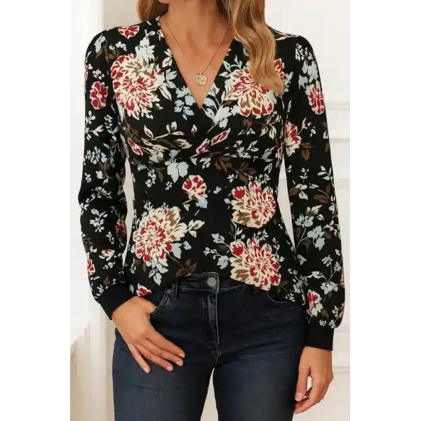 Kadın Uzun Kollu Kruvaze Yakalı Kelebek Desenli şardonlu Dalgıç Bluz