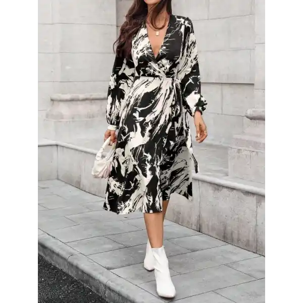 Kadın Uzun Kollu Kruvaze Yakalı Yandan Bağlamalı Desenli Mini Modal Elbise