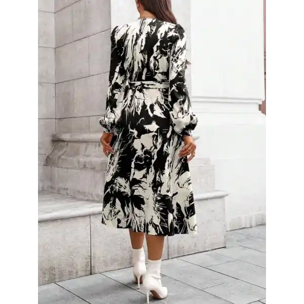 Kadın Uzun Kollu Kruvaze Yakalı Yandan Bağlamalı Desenli Mini Modal Elbise