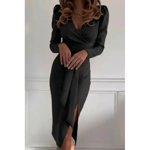 Kadın Uzun Kollu Kruvaze Yakalı Yandan Yırtmaçlı Belden Kuşaklı Midi Ithal Krep Elbise