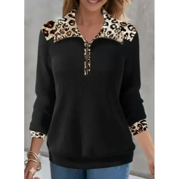 Kadın Uzun Kollu Leopar Yakalı Fermuarlı Waffle Bluz